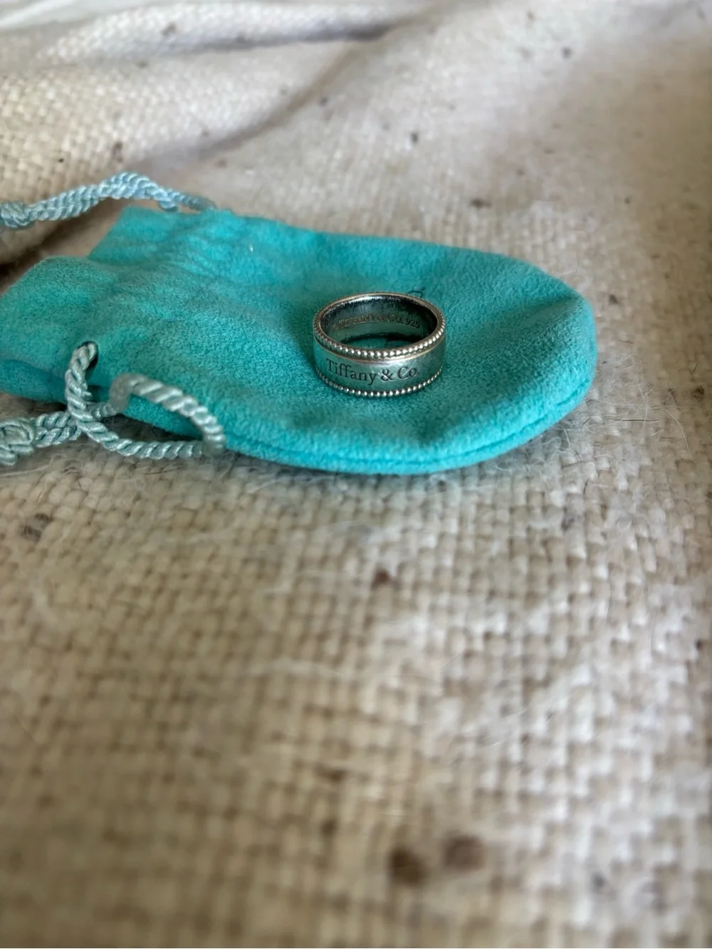 Tiffany & Co. Silver Beaded Edge Band with Signature Blue Pouch